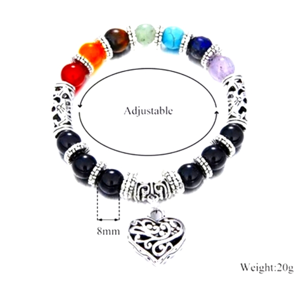 SOLD--Fashion colorful Chakra bead bracelet w/filigree silver heart - Picture 4 of 7